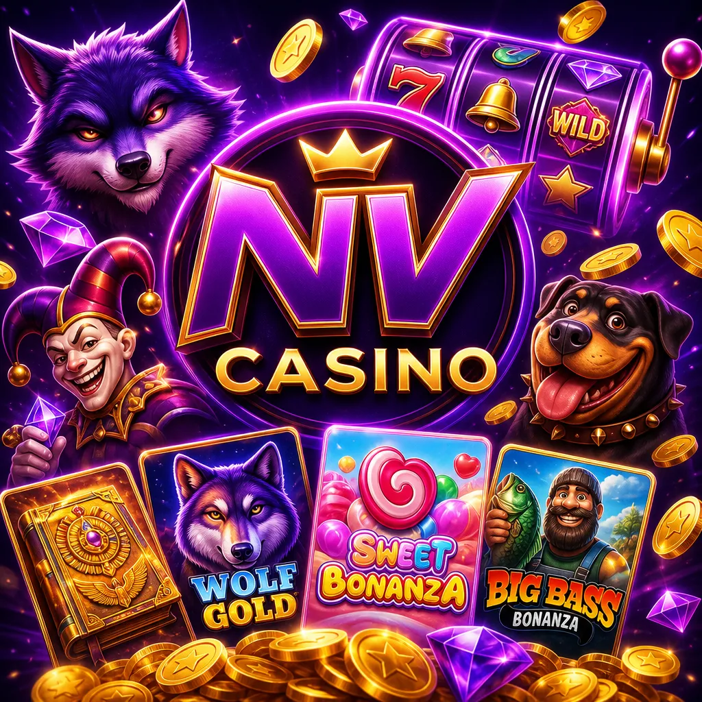 NV Casino brand promo with neon glow and slot graphics in purple-magenta theme